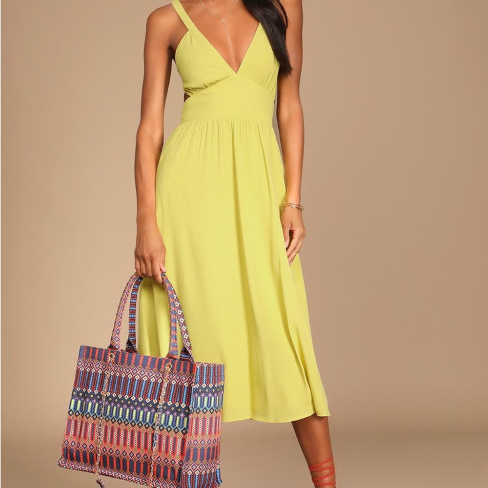 NEVER WORN, Lime Green, Tie-Back Midi Lulu’s Dress, With Pockets, size S